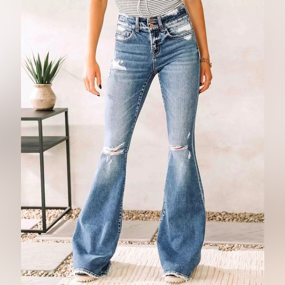 Flying Monkey Women's Distressed Light Blue Flare Jeans